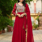 Luxury Faux Blooming Embroidered Gown with Dupatta | Party & Wedding Wear Outfit for Women – Maroon & Rama