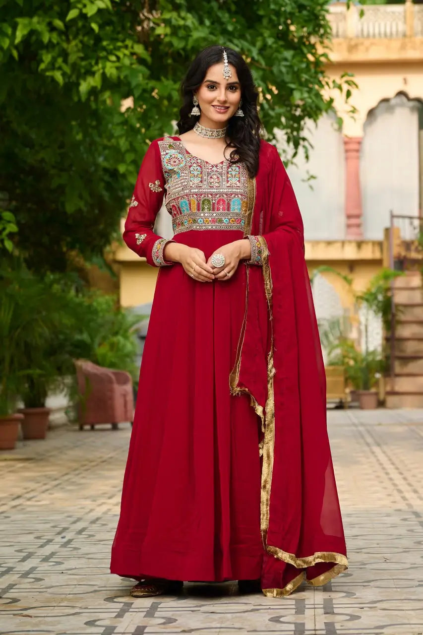 Luxury Faux Blooming Embroidered Gown with Dupatta | Party & Wedding Wear Outfit for Women – Maroon & Rama