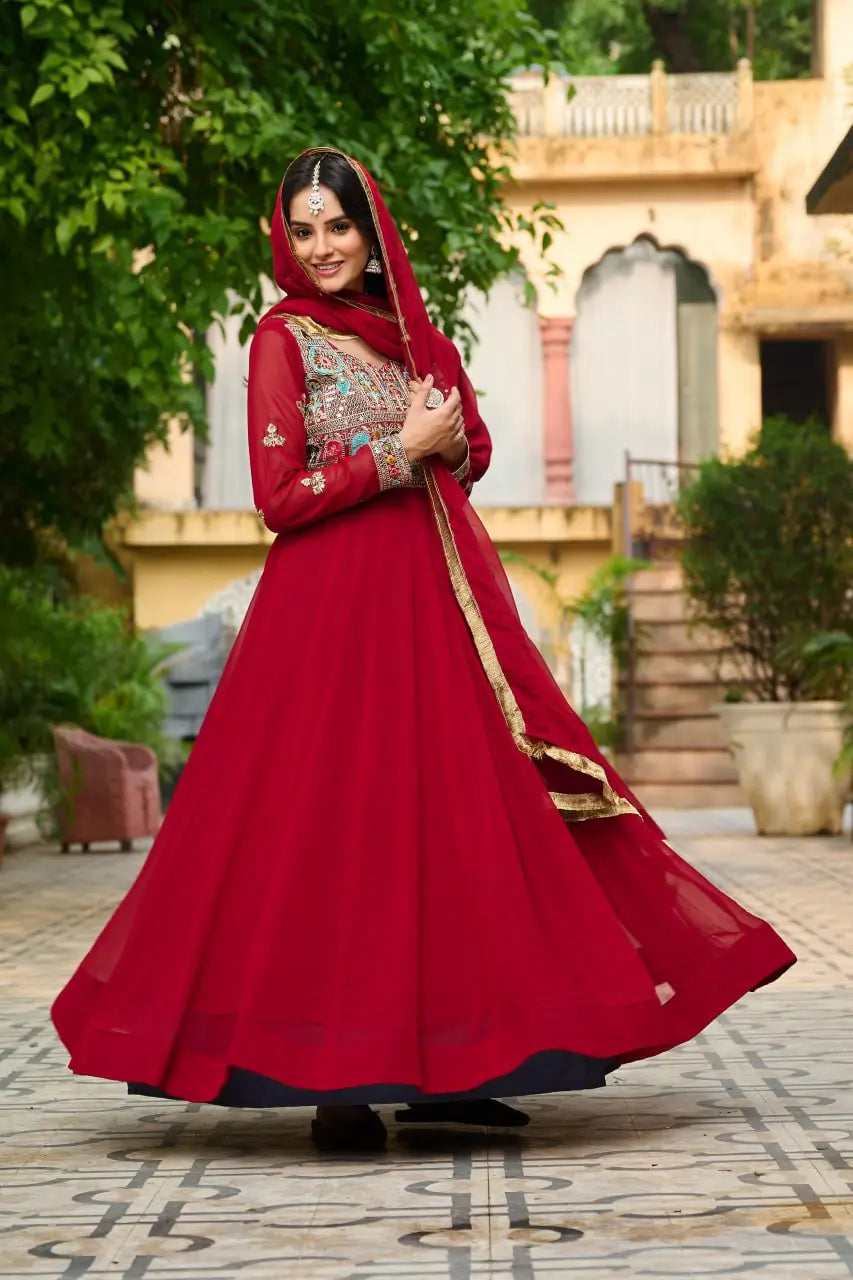 Luxury Faux Blooming Embroidered Gown with Dupatta | Party & Wedding Wear Outfit for Women – Maroon & Rama