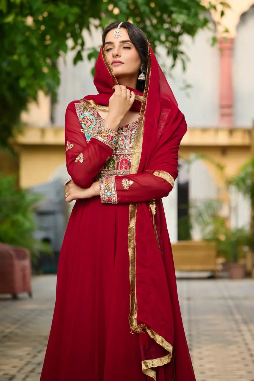Luxury Faux Blooming Embroidered Gown with Dupatta | Party & Wedding Wear Outfit for Women – Maroon & Rama