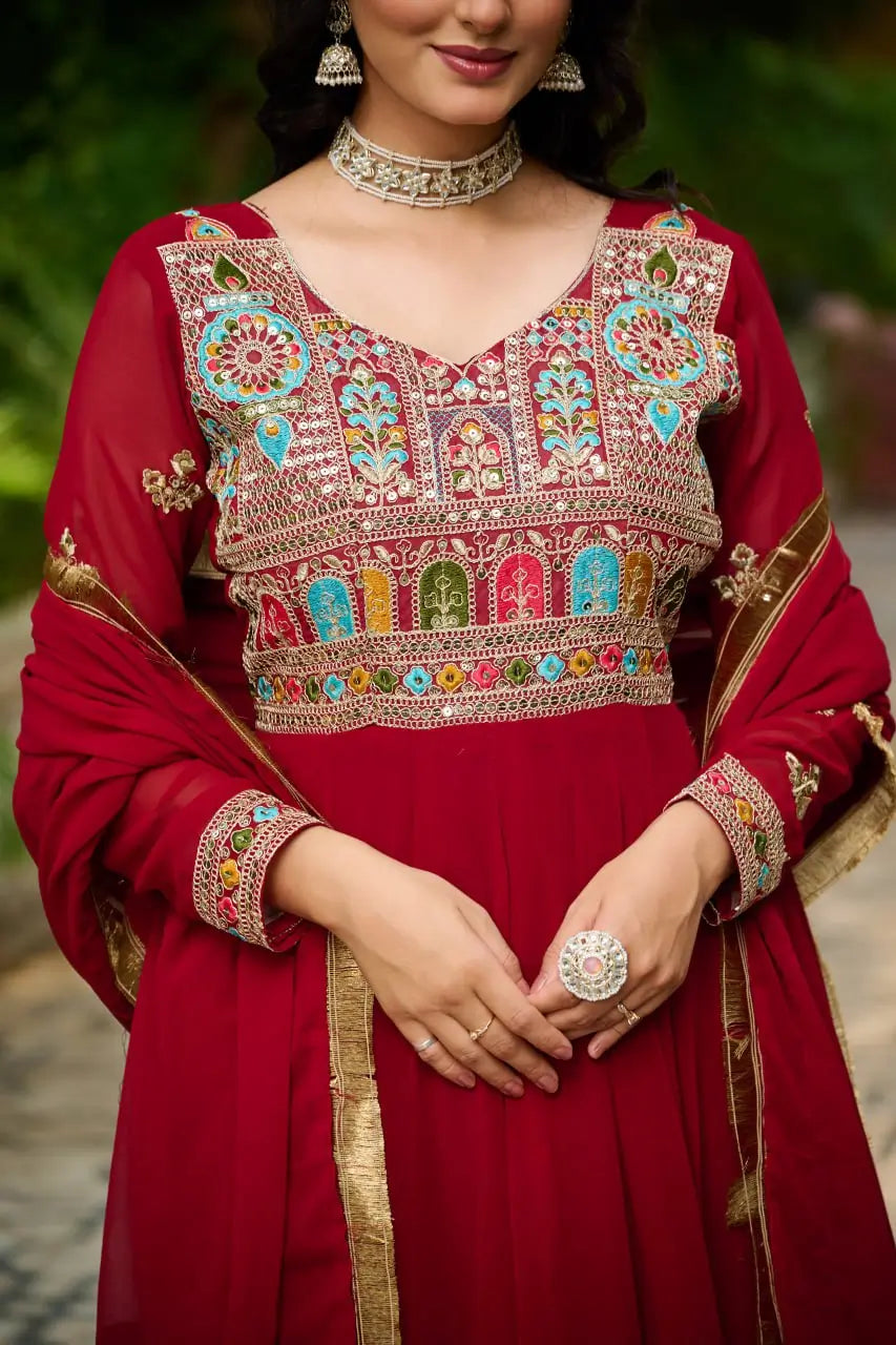 Luxury Faux Blooming Embroidered Gown with Dupatta | Party & Wedding Wear Outfit for Women – Maroon & Rama