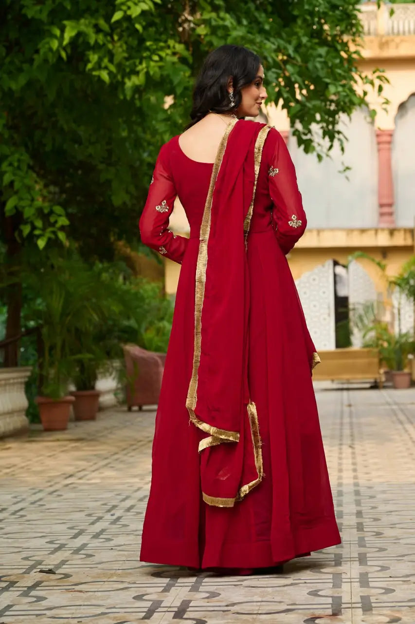 Luxury Faux Blooming Embroidered Gown with Dupatta | Party & Wedding Wear Outfit for Women – Maroon & Rama