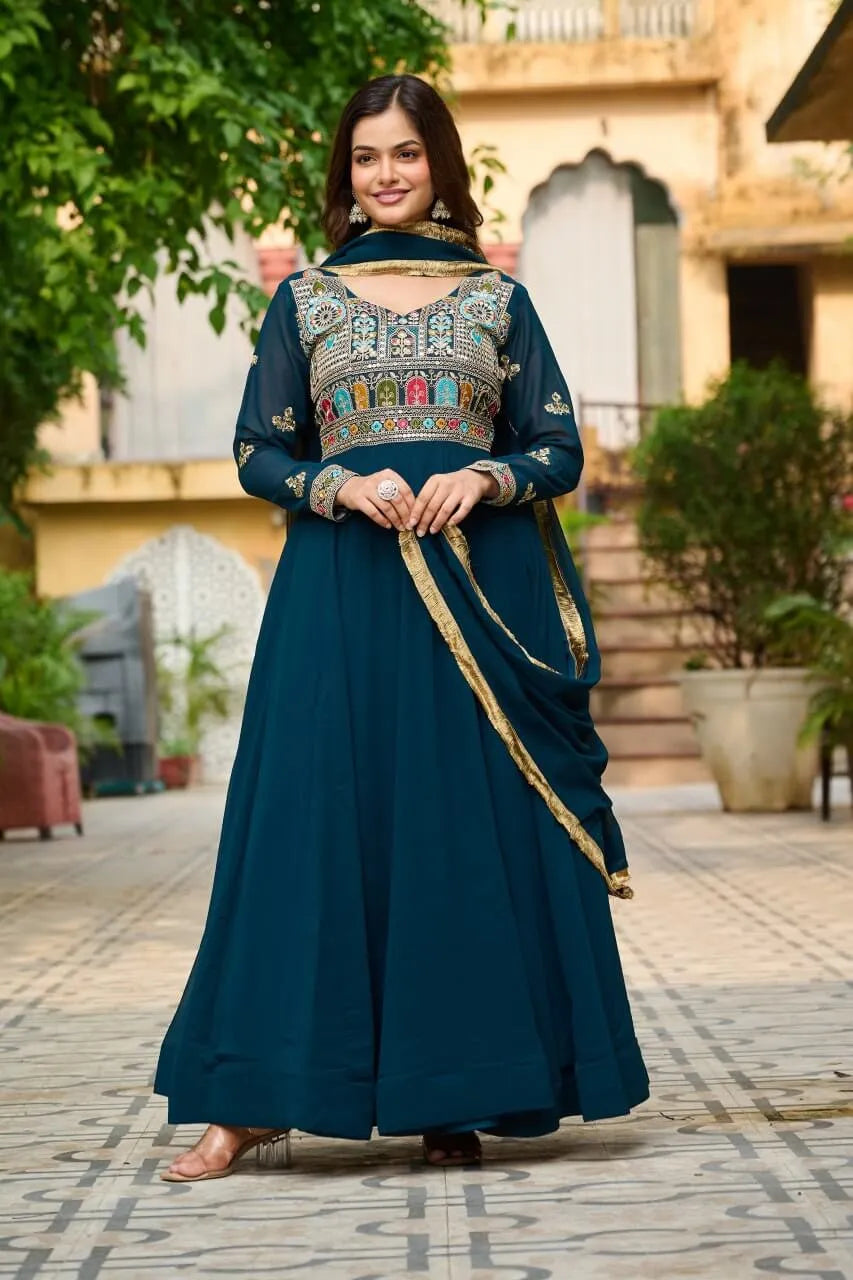 Luxury Faux Blooming Embroidered Gown with Dupatta | Party & Wedding Wear Outfit for Women – Maroon & Rama
