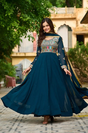 Luxury Faux Blooming Embroidered Gown with Dupatta | Party & Wedding Wear Outfit for Women – Maroon & Rama