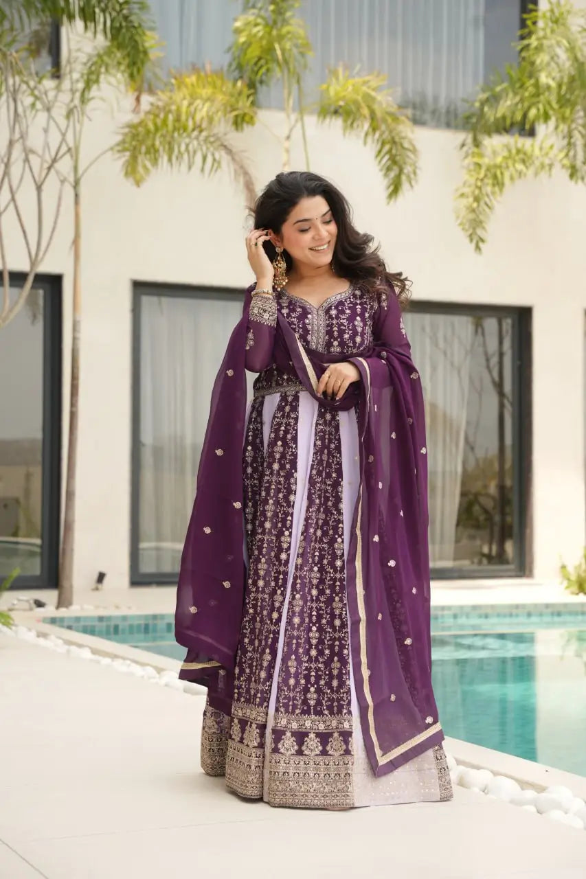 Luxury Faux Blooming Kali-Pattern Gown with Dupatta – Zari & Sequins Embroidery
