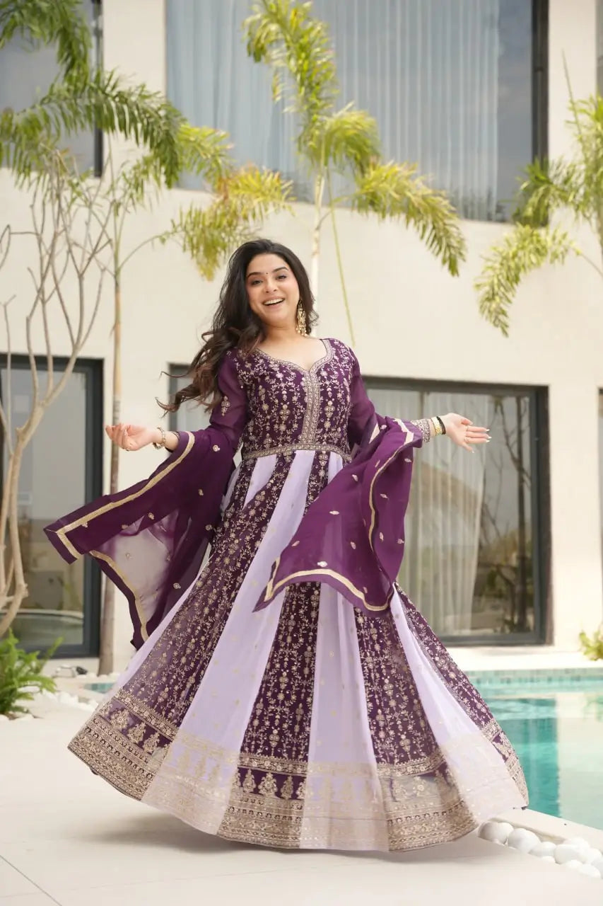 Luxury Faux Blooming Kali-Pattern Gown with Dupatta – Zari & Sequins Embroidery