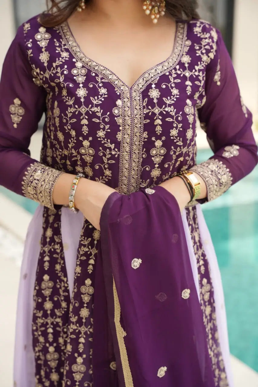 Luxury Faux Blooming Kali-Pattern Gown with Dupatta – Zari & Sequins Embroidery