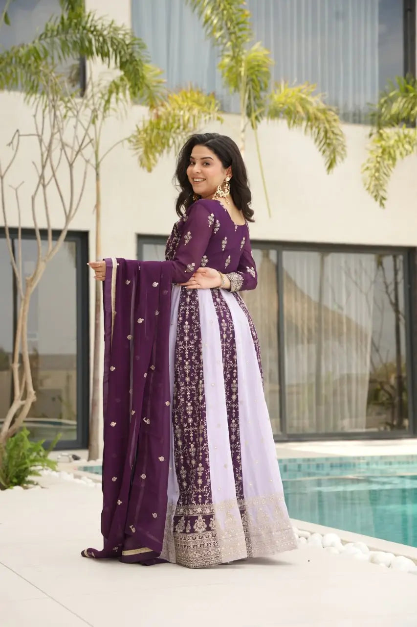 Luxury Faux Blooming Kali-Pattern Gown with Dupatta – Zari & Sequins Embroidery