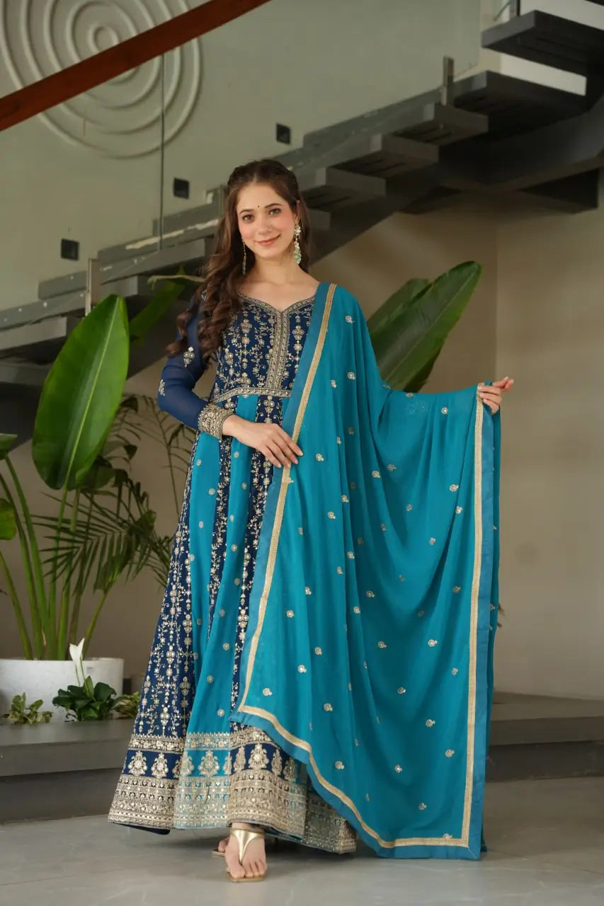Luxury Faux Blooming Kali-Pattern Gown with Dupatta – Zari & Sequins Embroidery