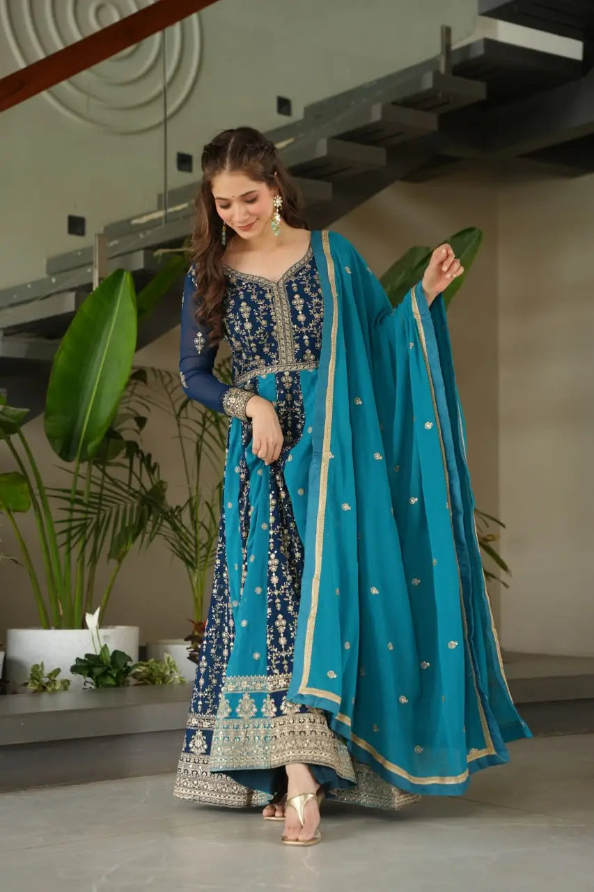Luxury Faux Blooming Kali-Pattern Gown with Dupatta – Zari & Sequins Embroidery
