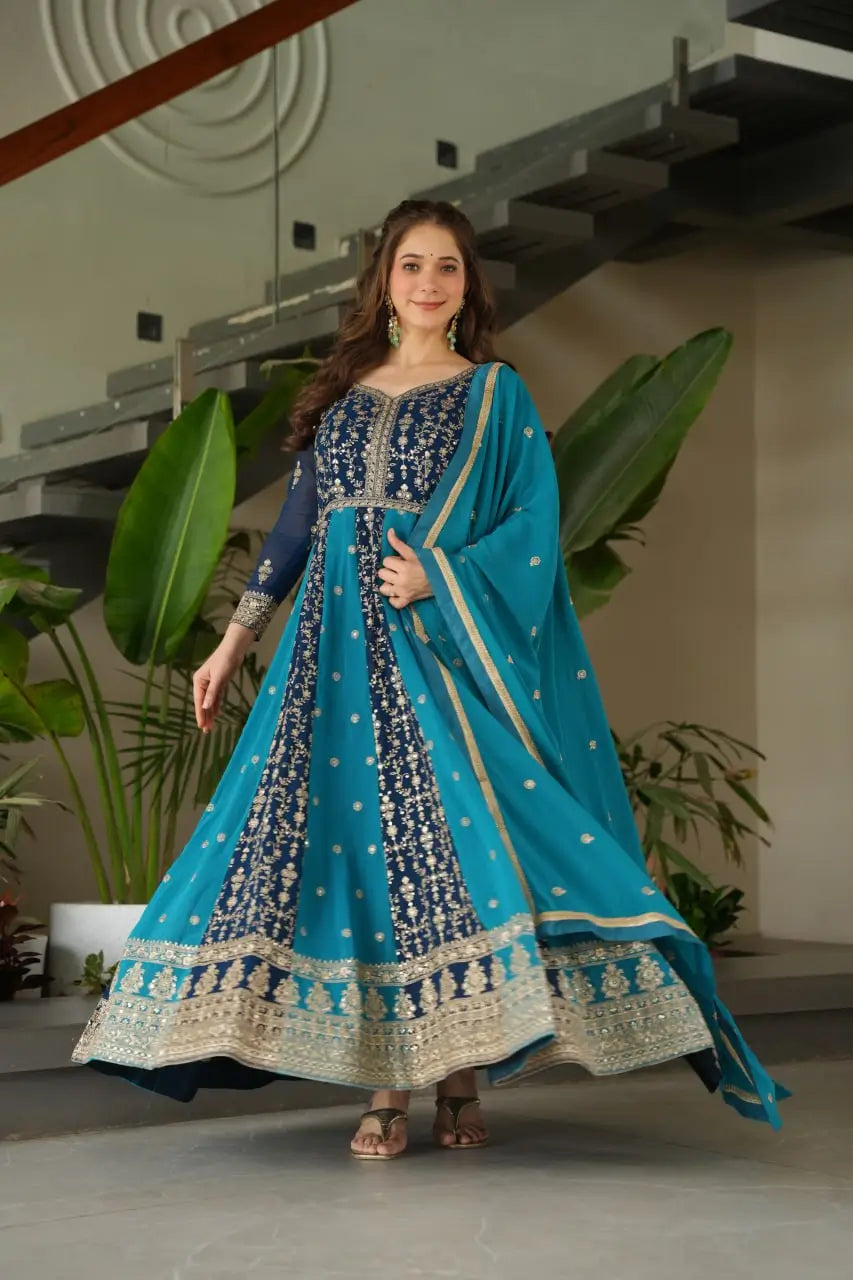 Luxury Faux Blooming Kali-Pattern Gown with Dupatta – Zari & Sequins Embroidery