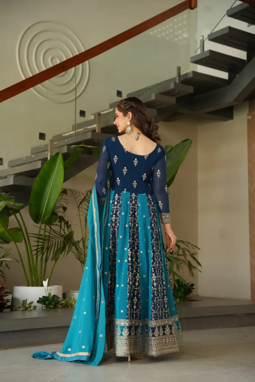 Luxury Faux Blooming Kali-Pattern Gown with Dupatta – Zari & Sequins Embroidery
