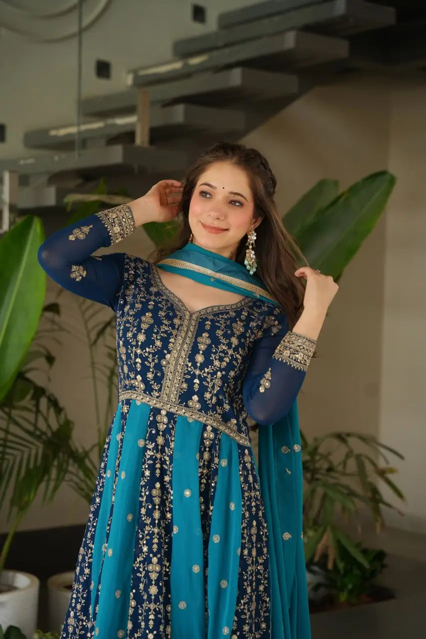 Luxury Faux Blooming Kali-Pattern Gown with Dupatta – Zari & Sequins Embroidery