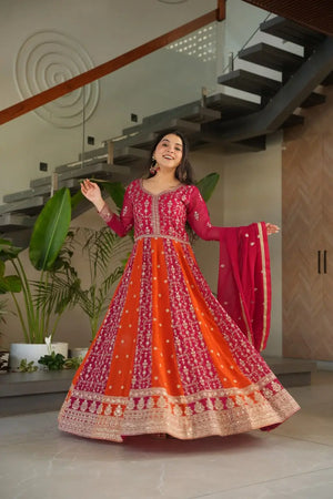 Luxury Faux Blooming Kali-Pattern Gown with Dupatta – Zari & Sequins Embroidery