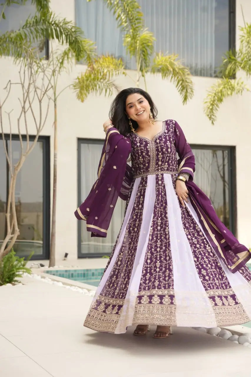Luxury Faux Blooming Kali-Pattern Gown with Dupatta – Zari & Sequins Embroidery