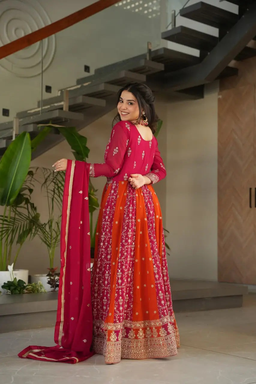 Luxury Faux Blooming Kali-Pattern Gown with Dupatta – Zari & Sequins Embroidery
