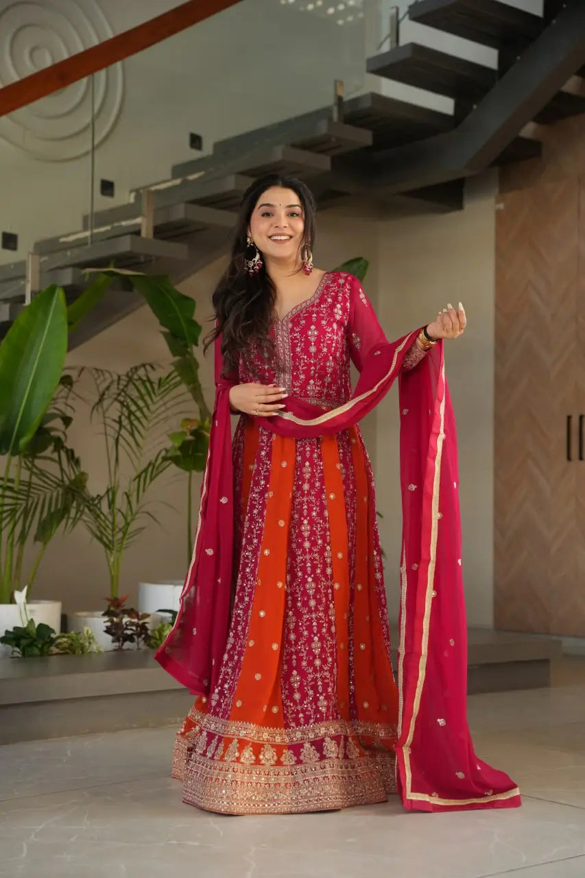 Luxury Faux Blooming Kali-Pattern Gown with Dupatta – Zari & Sequins Embroidery