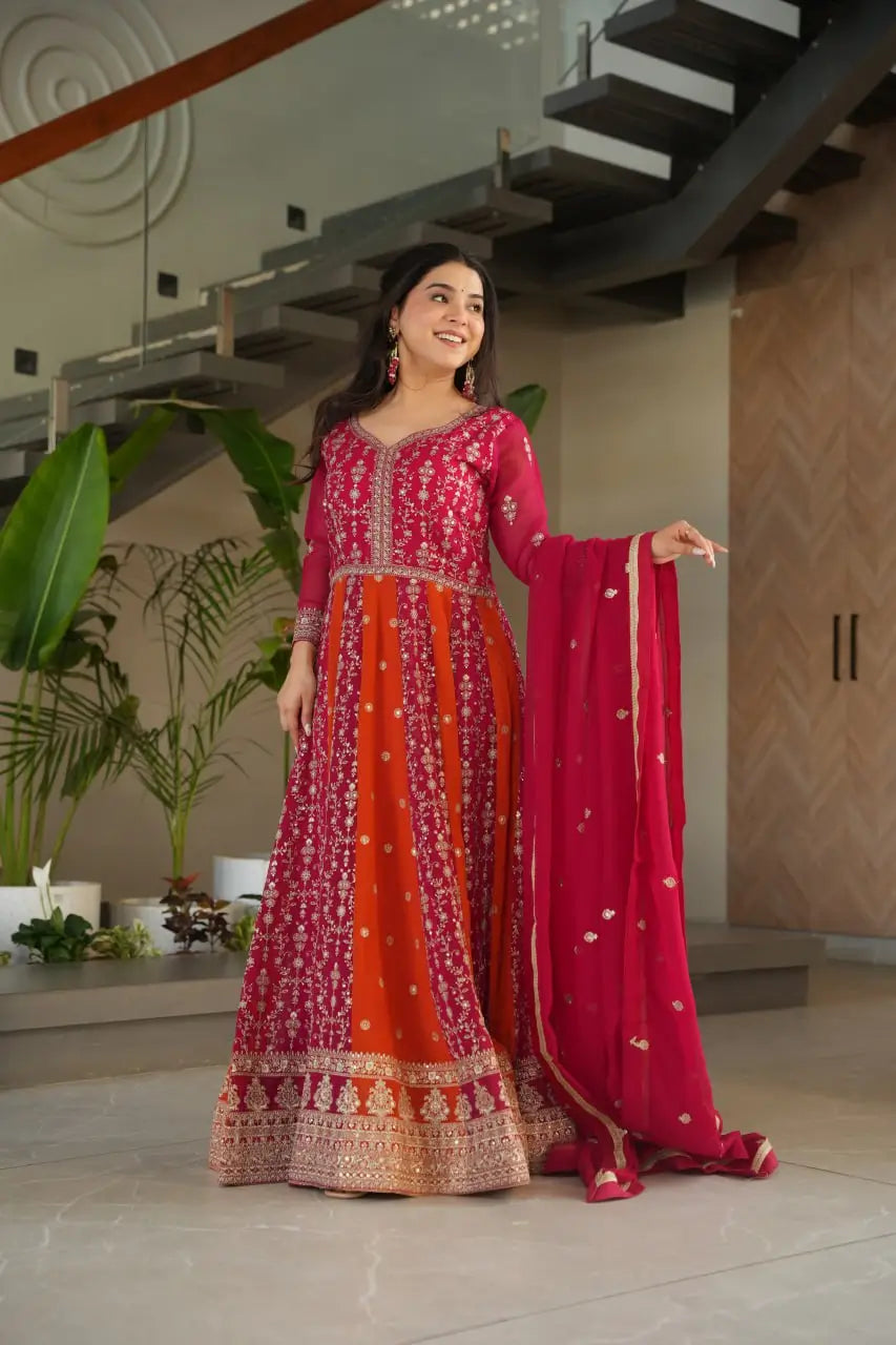 Luxury Faux Blooming Kali-Pattern Gown with Dupatta – Zari & Sequins Embroidery