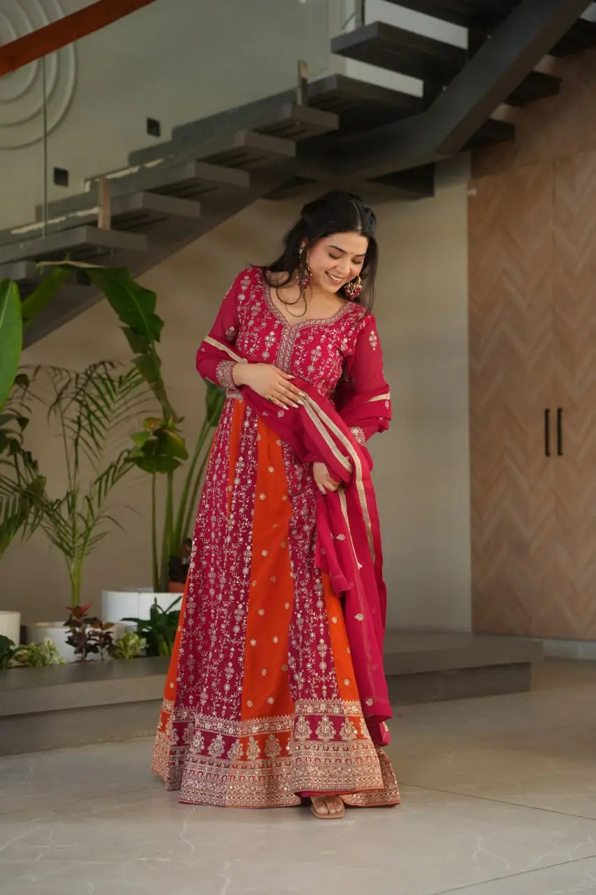 Luxury Faux Blooming Kali-Pattern Gown with Dupatta – Zari & Sequins Embroidery