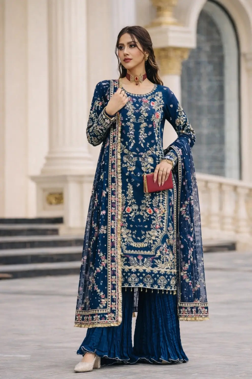 Luxury Faux Georgette Embroidered Palazzo Suit for Wedding and Festive Wear