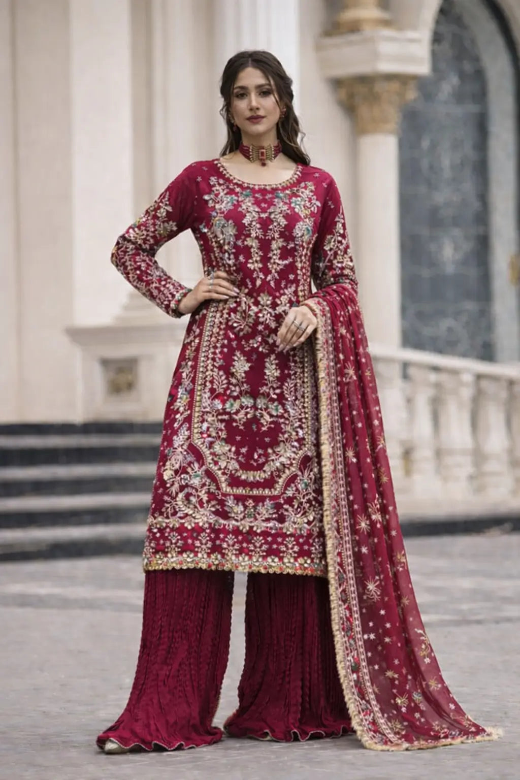 Luxury Faux Georgette Embroidered Palazzo Suit for Wedding and Festive Wear