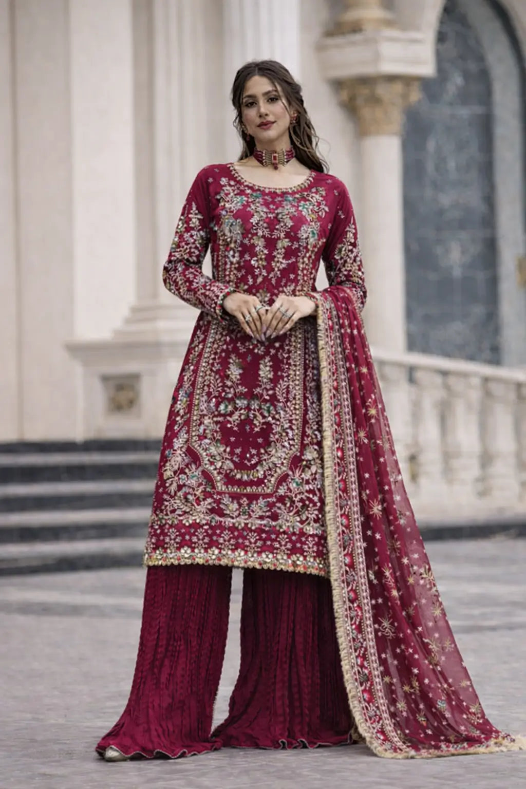 Luxury Faux Georgette Embroidered Palazzo Suit for Wedding and Festive Wear