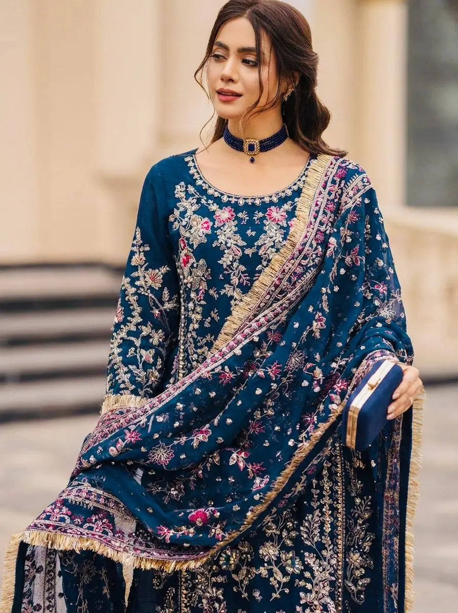 Luxury Faux Georgette Embroidered Palazzo Suit for Wedding and Festive Wear