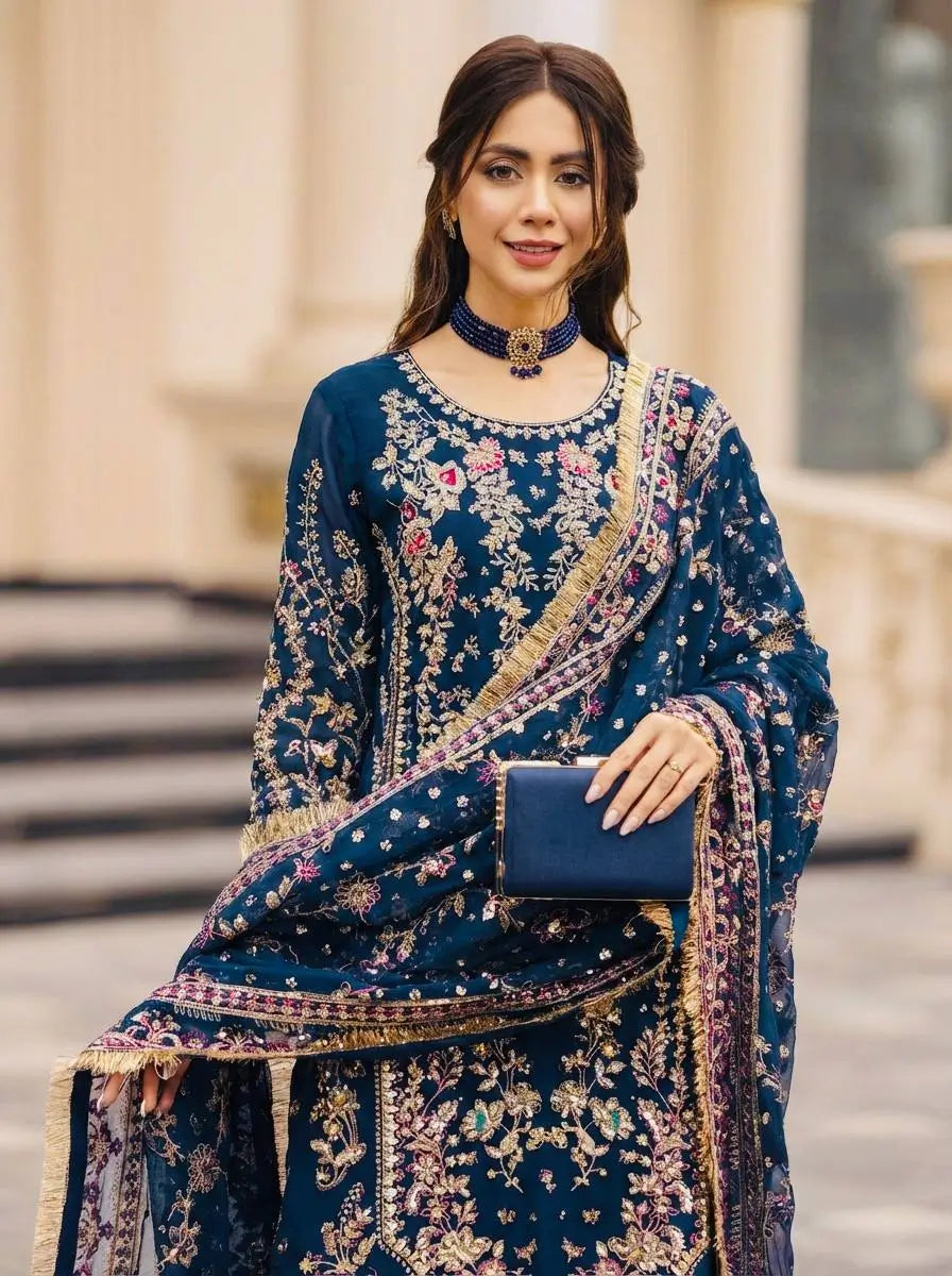 Luxury Faux Georgette Embroidered Palazzo Suit for Wedding and Festive Wear