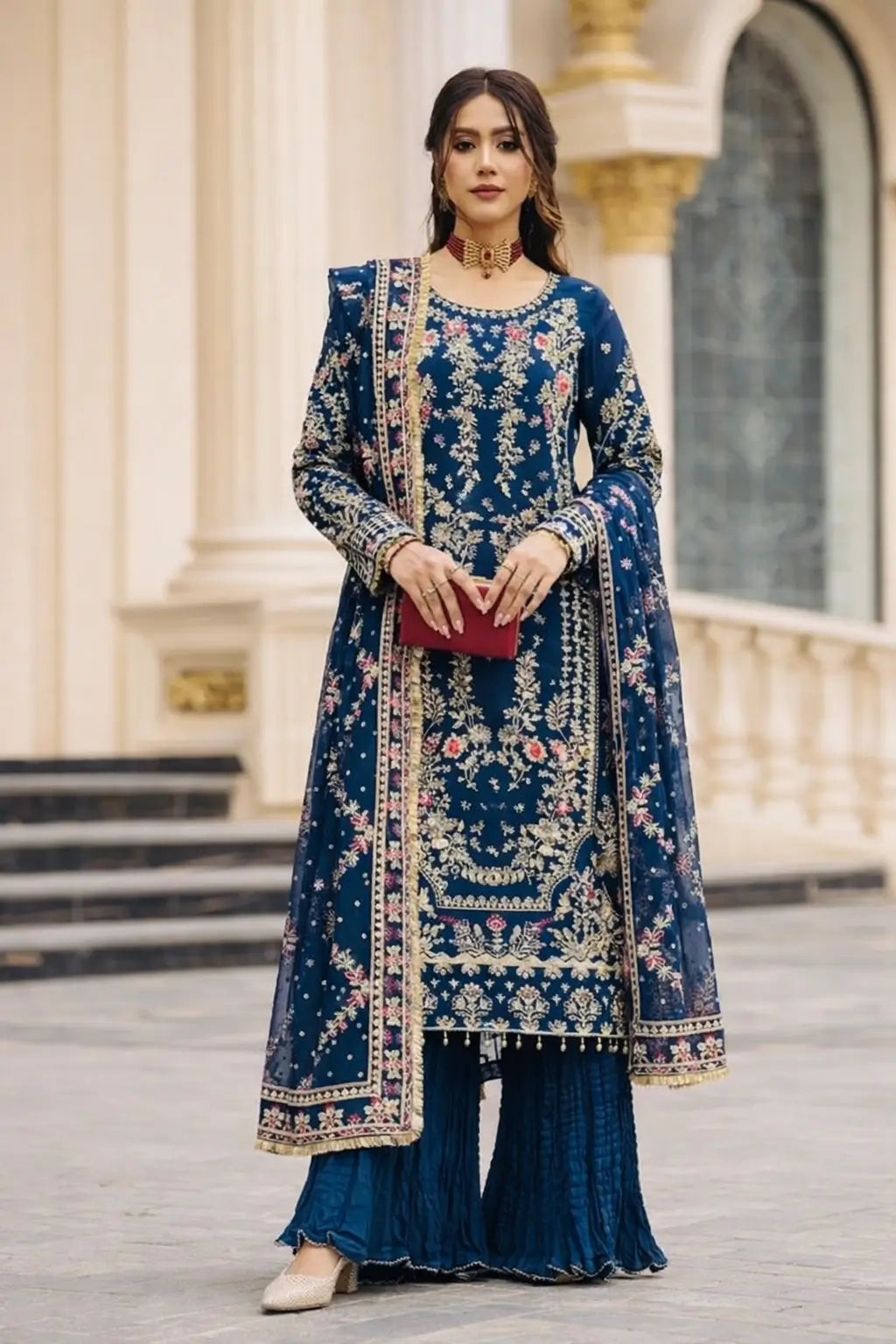 Luxury Faux Georgette Embroidered Palazzo Suit for Wedding and Festive Wear