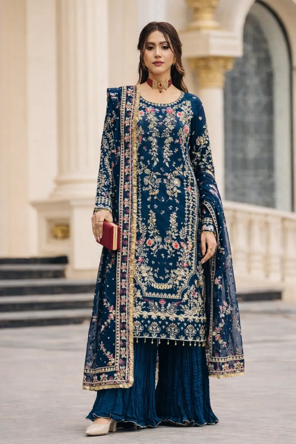 Luxury Faux Georgette Embroidered Palazzo Suit for Wedding and Festive Wear