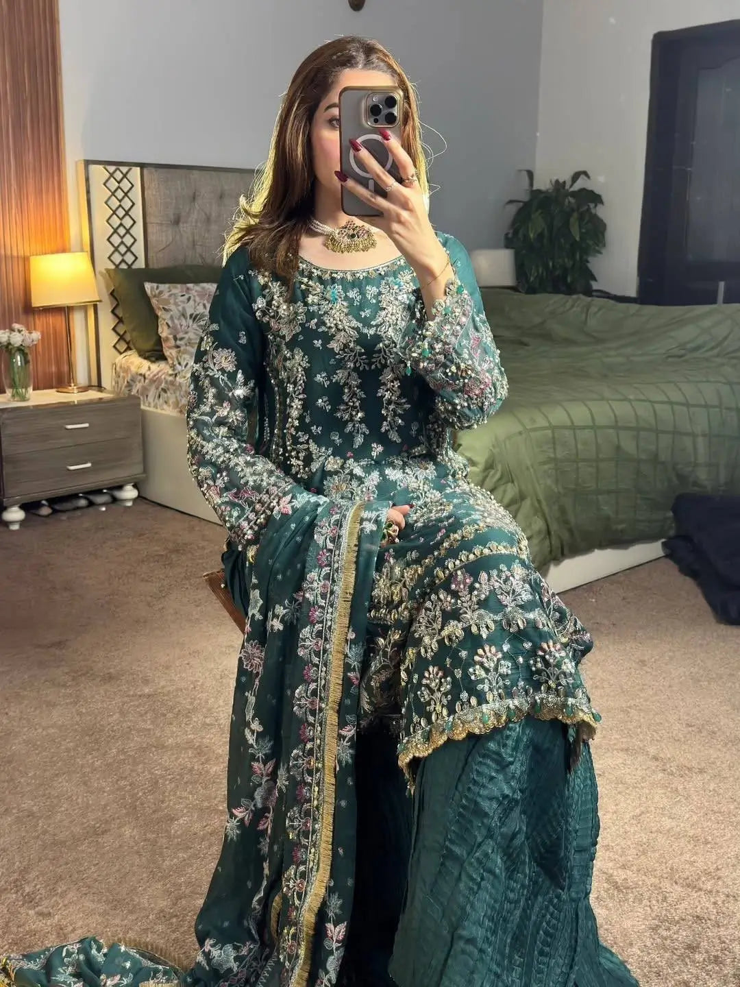 Luxury Faux Georgette Embroidered Palazzo Suit for Wedding and Festive Wear