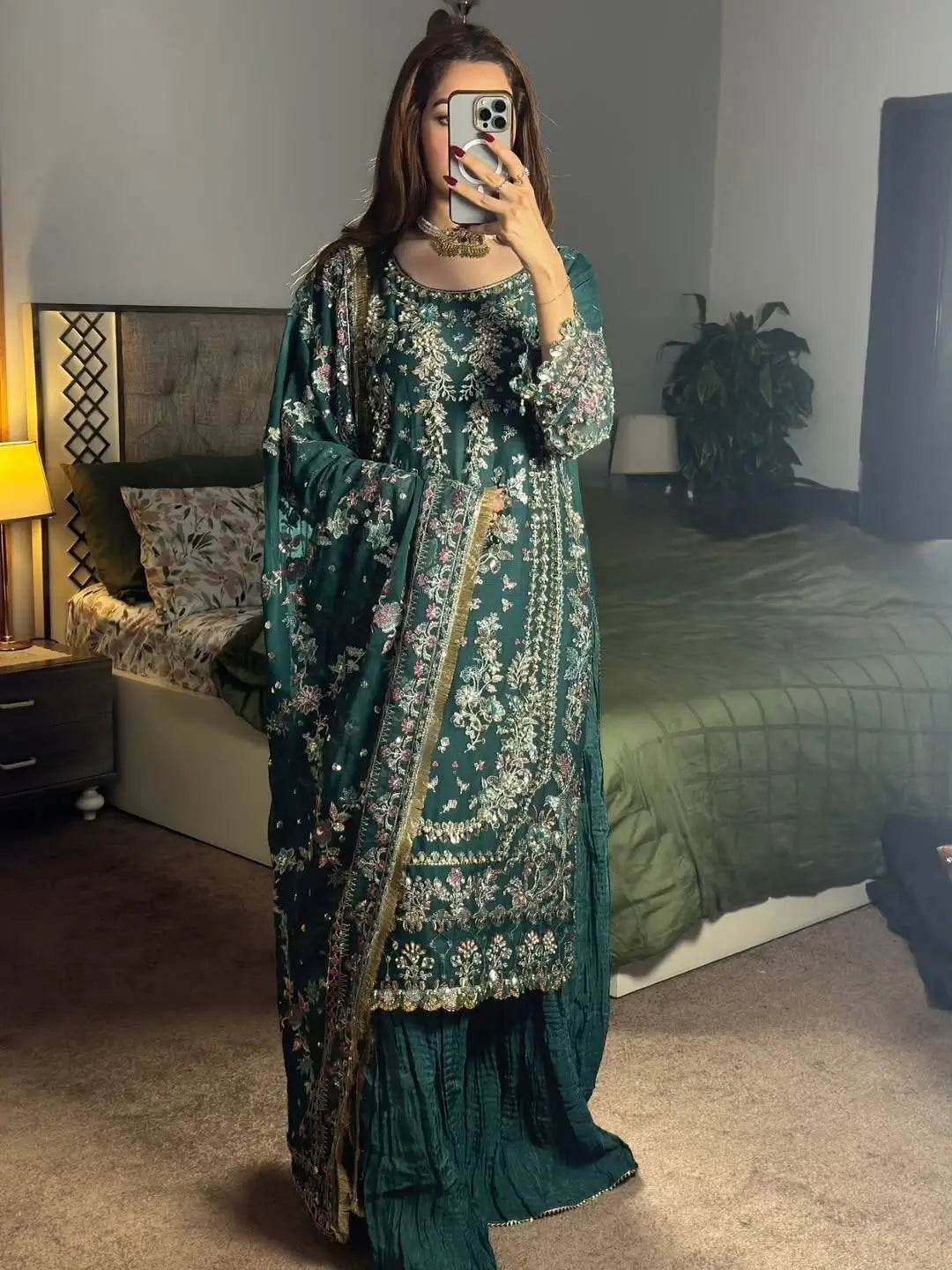 Luxury Faux Georgette Embroidered Palazzo Suit for Wedding and Festive Wear