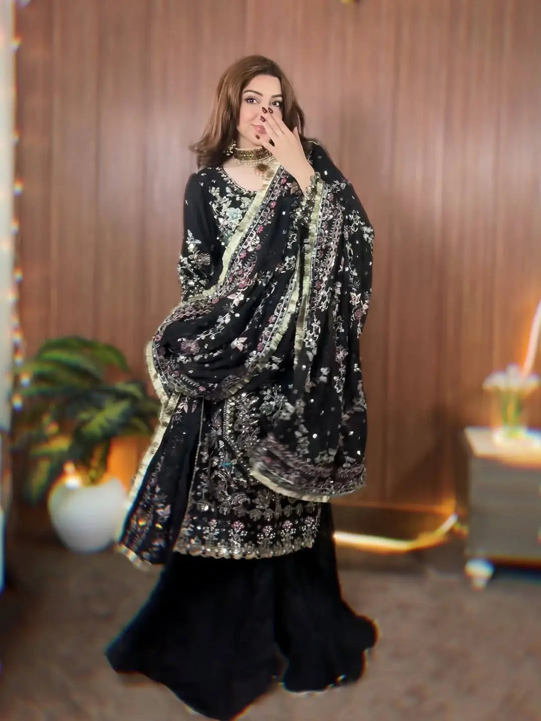 Luxury Faux Georgette Embroidered Palazzo Suit for Wedding and Festive Wear