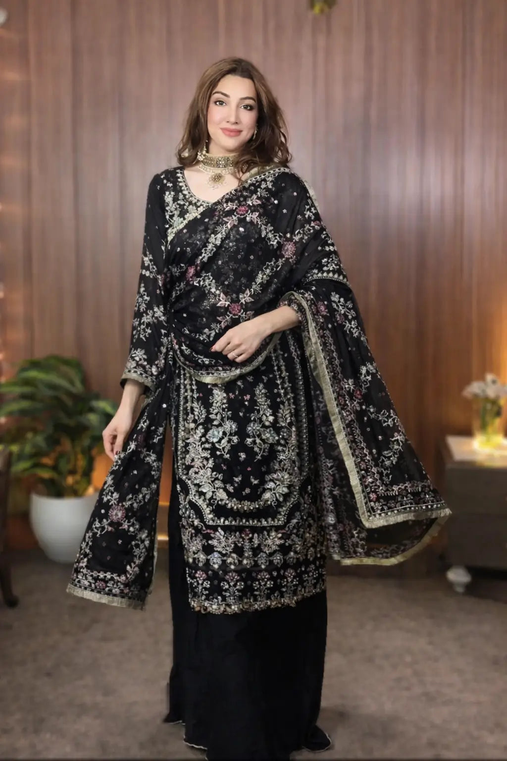 Luxury Faux Georgette Embroidered Palazzo Suit for Wedding and Festive Wear