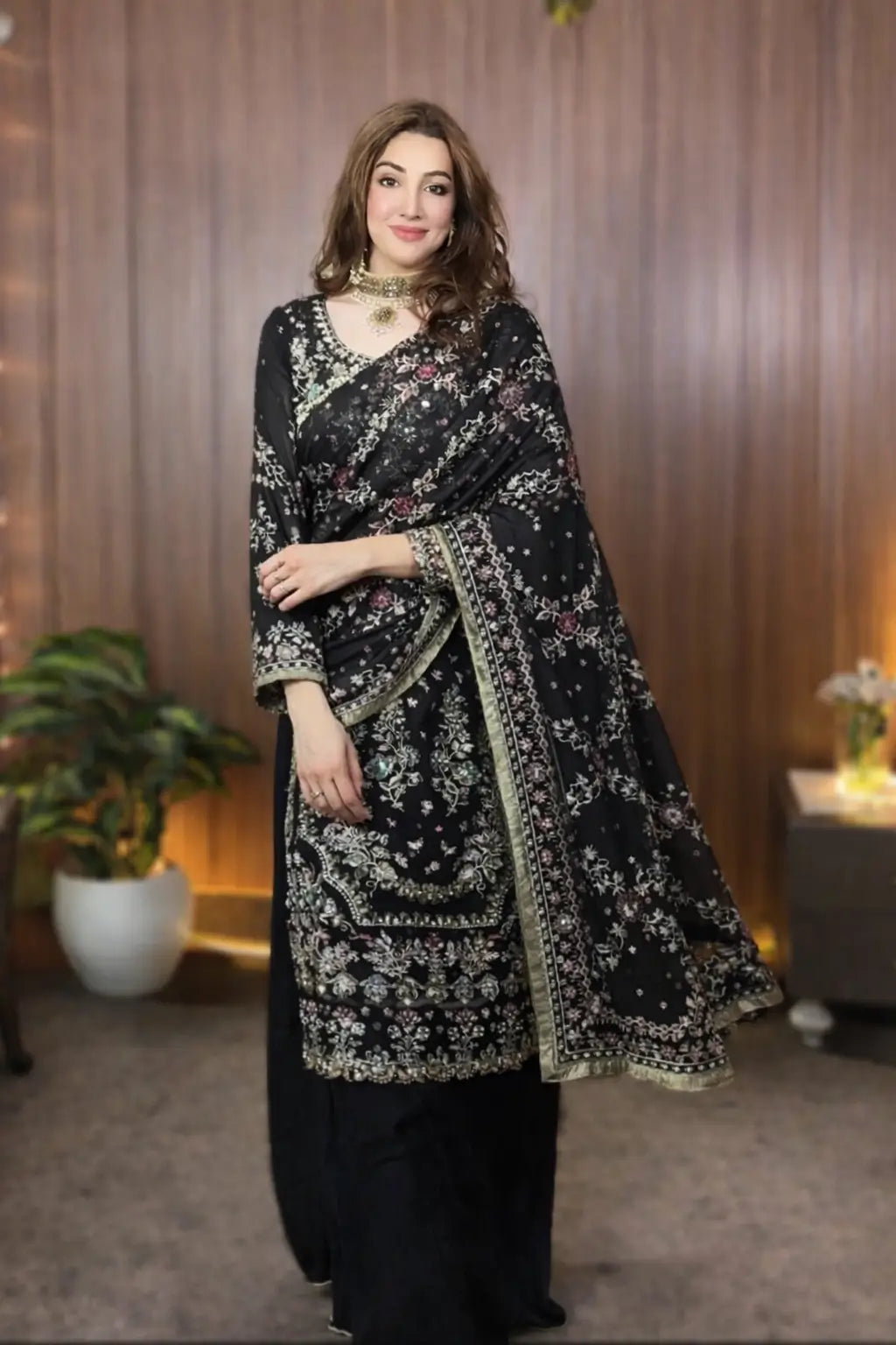 Luxury Faux Georgette Embroidered Palazzo Suit for Wedding and Festive Wear
