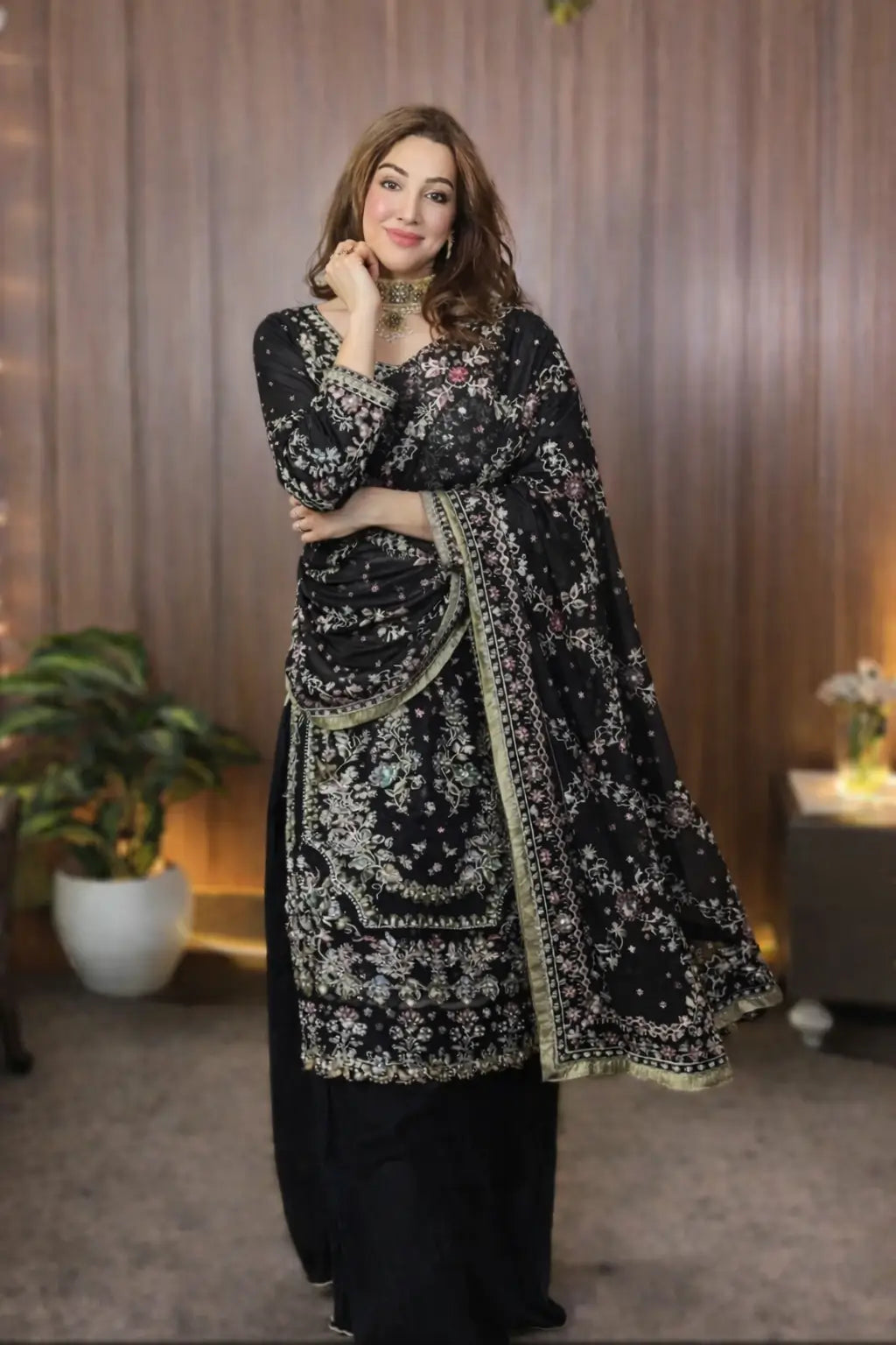 Luxury Faux Georgette Embroidered Palazzo Suit for Wedding and Festive Wear