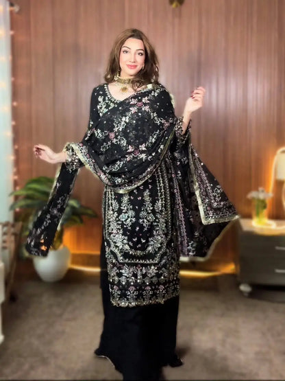 Luxury Faux Georgette Embroidered Palazzo Suit for Wedding and Festive Wear