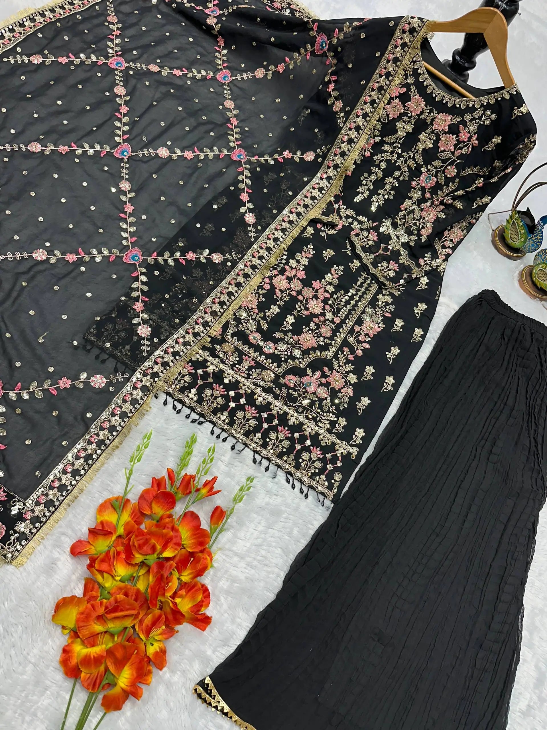 Luxury Faux Georgette Embroidered Palazzo Suit for Wedding and Festive Wear