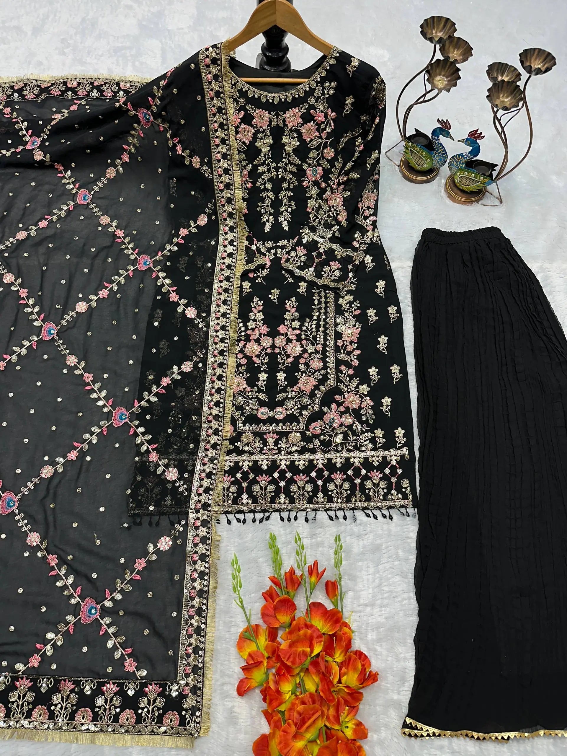 Luxury Faux Georgette Embroidered Palazzo Suit for Wedding and Festive Wear