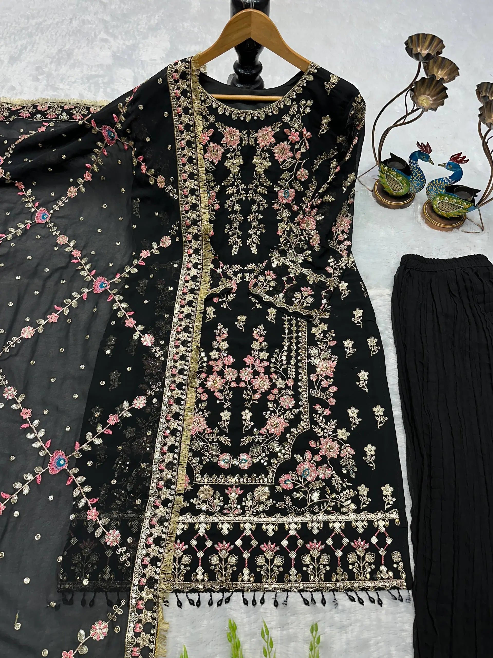 Luxury Faux Georgette Embroidered Palazzo Suit for Wedding and Festive Wear