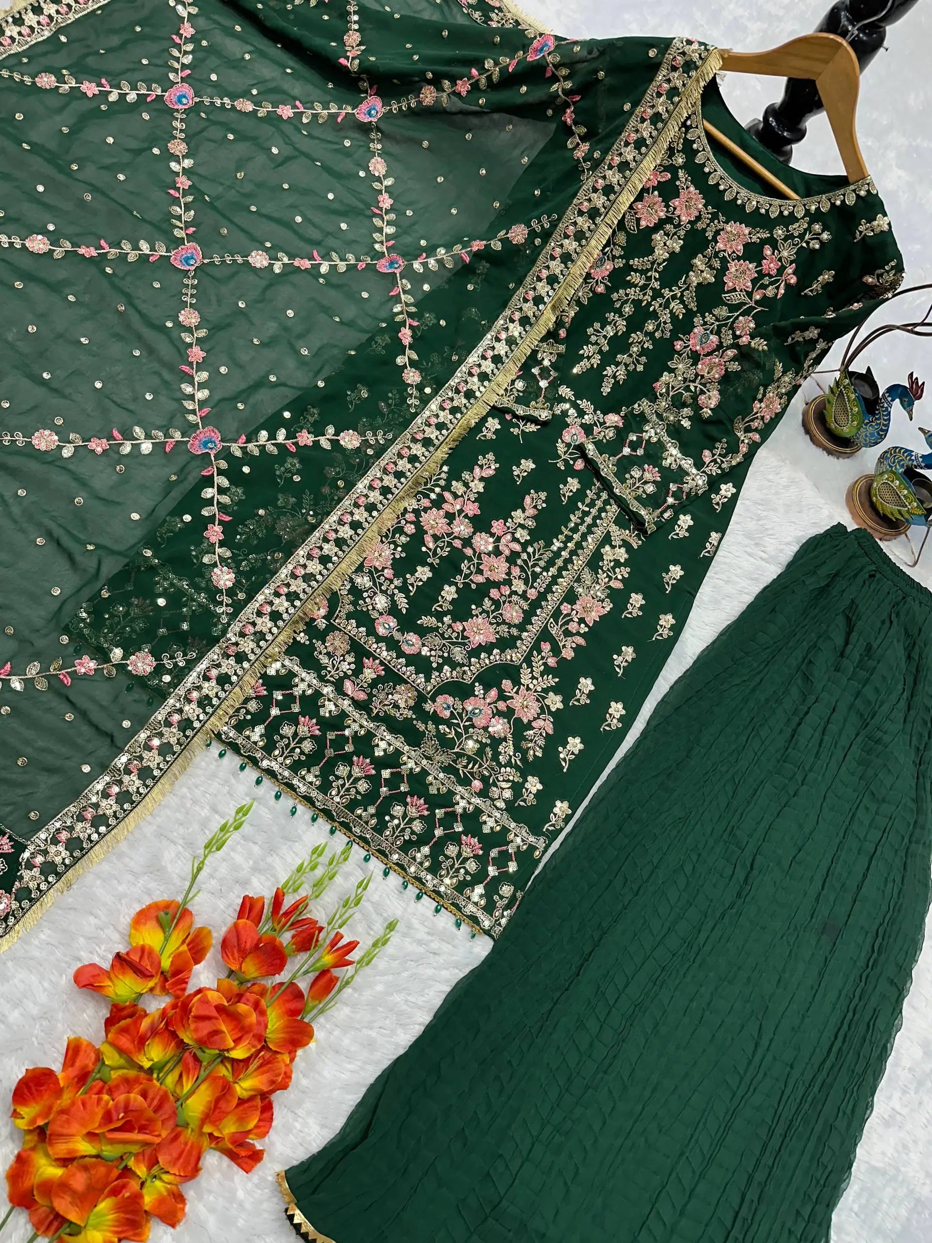 Luxury Faux Georgette Embroidered Palazzo Suit for Wedding and Festive Wear