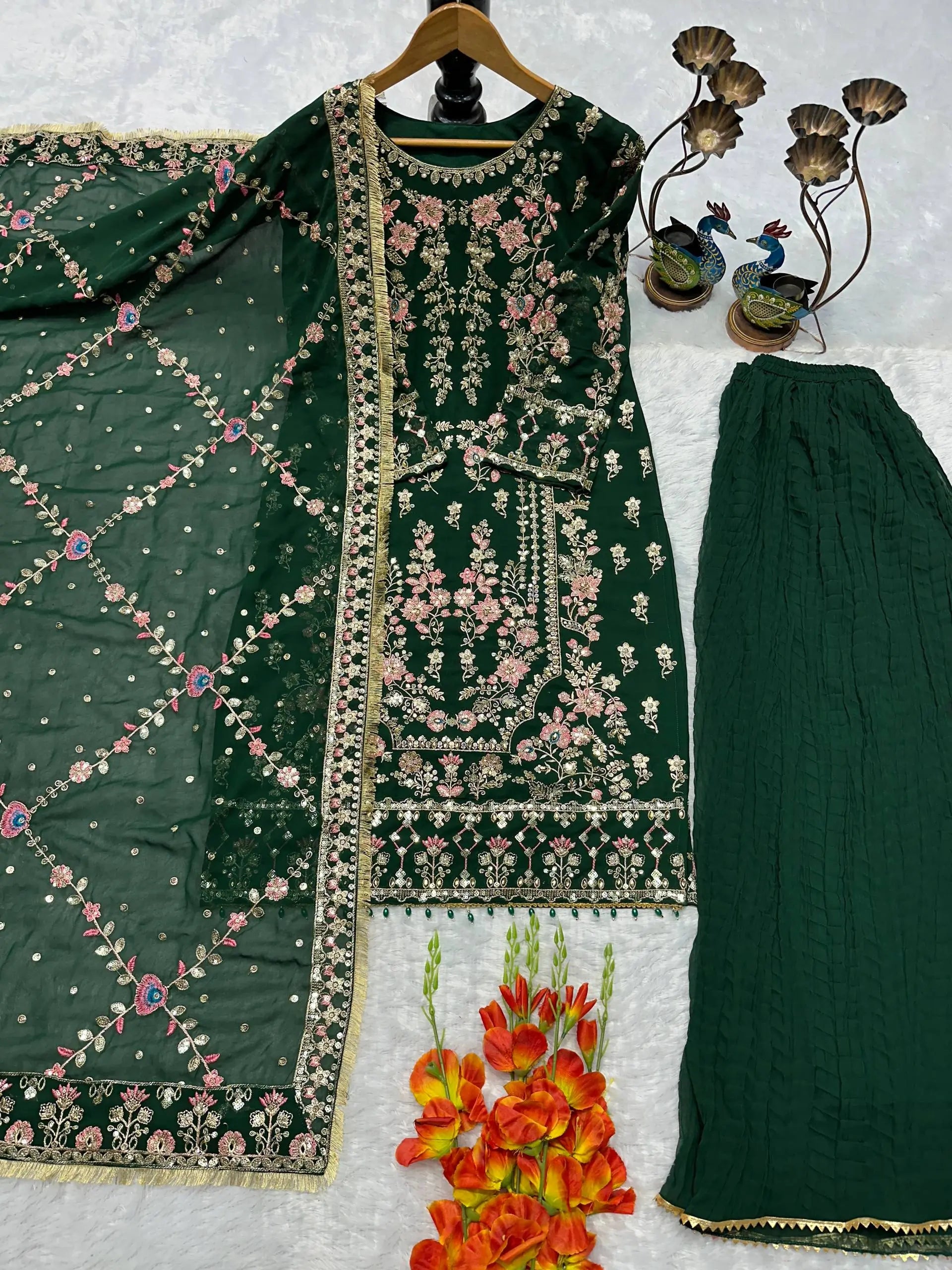 Luxury Faux Georgette Embroidered Palazzo Suit for Wedding and Festive Wear