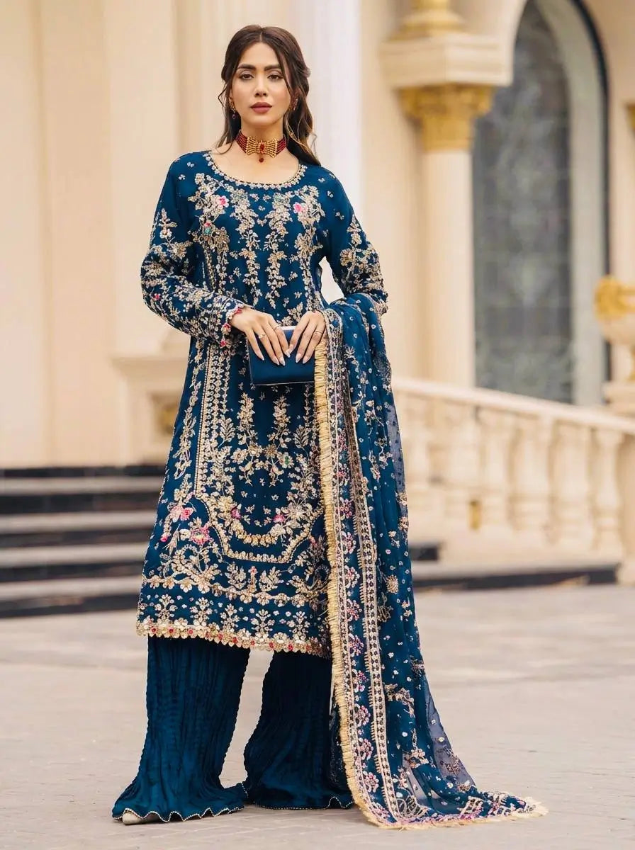 Luxury Faux Georgette Embroidered Palazzo Suit for Wedding and Festive Wear