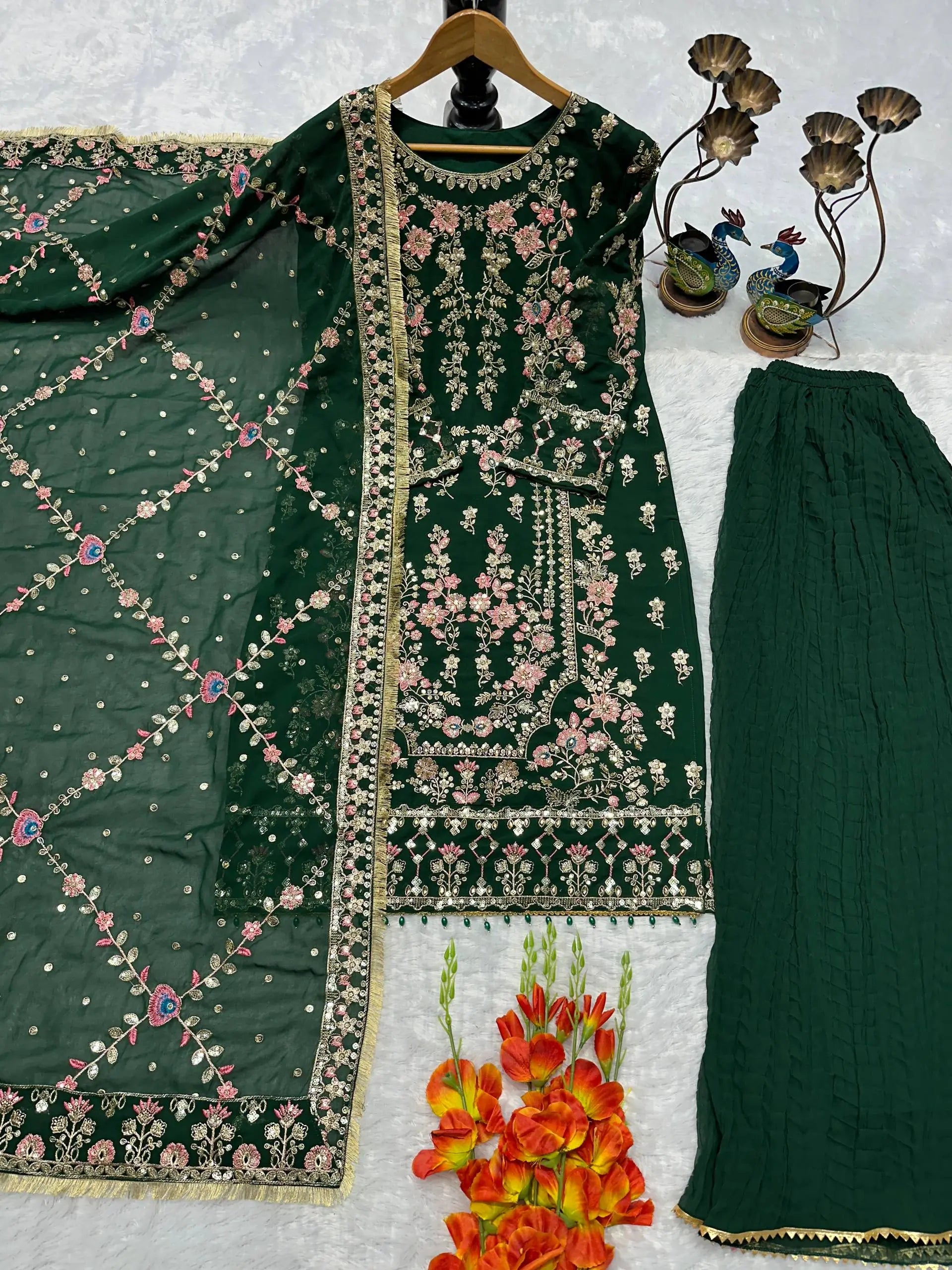 Luxury Faux Georgette Embroidered Palazzo Suit for Wedding and Festive Wear