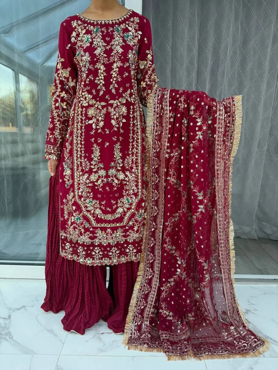 Luxury Faux Georgette Embroidered Palazzo Suit for Wedding and Festive Wear