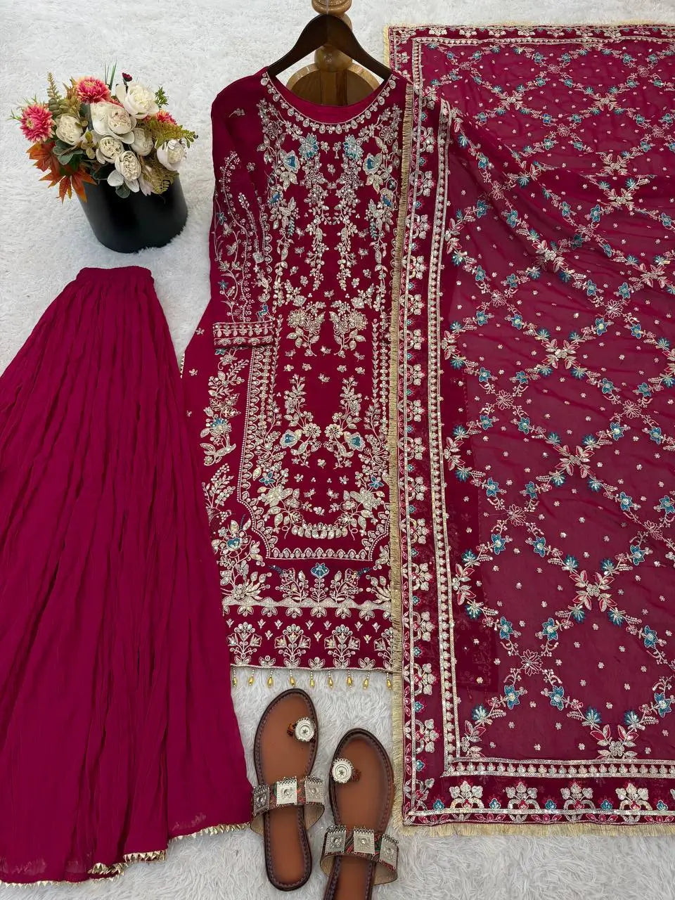 Luxury Faux Georgette Embroidered Palazzo Suit for Wedding and Festive Wear