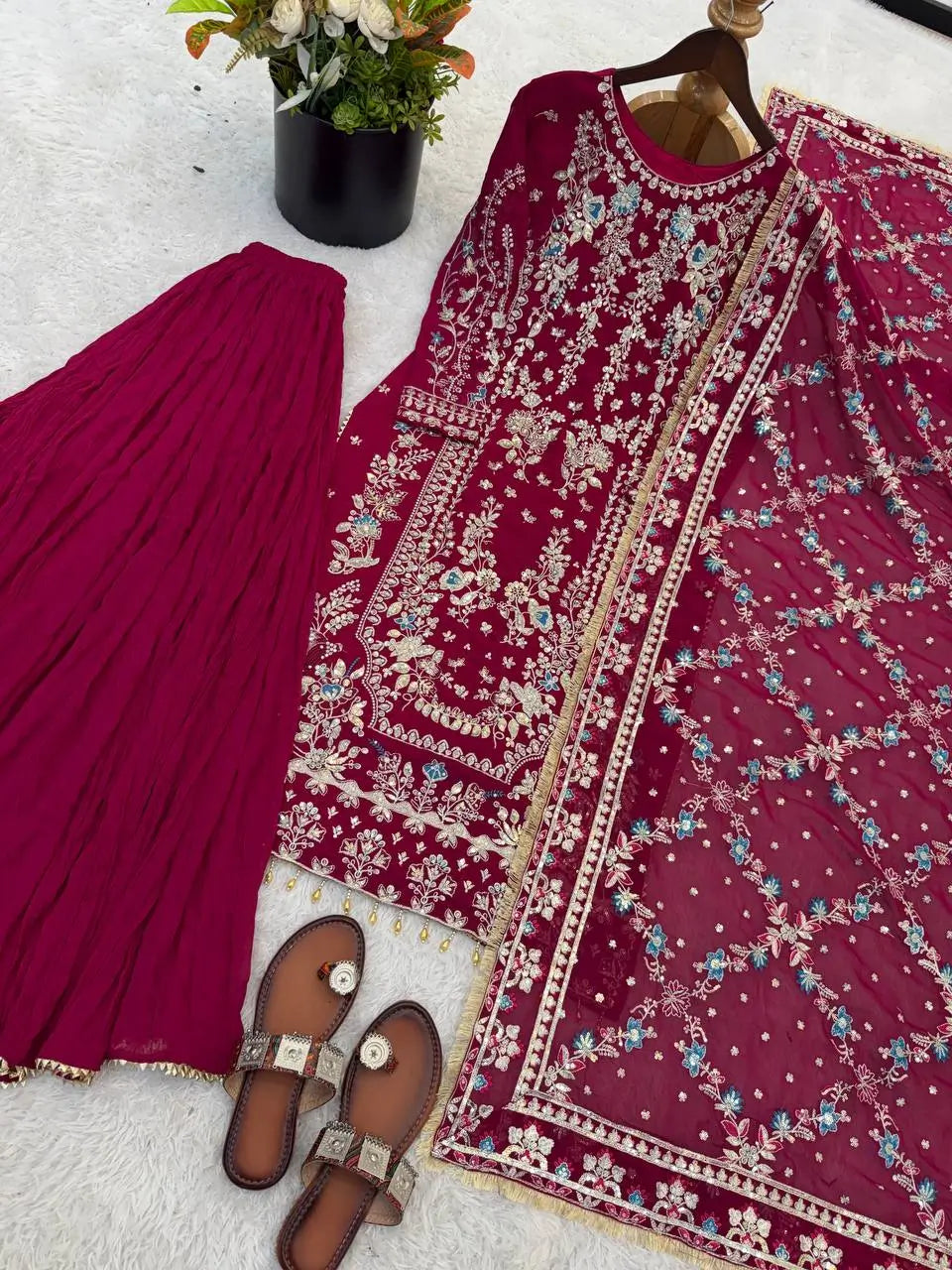 Luxury Faux Georgette Embroidered Palazzo Suit for Wedding and Festive Wear