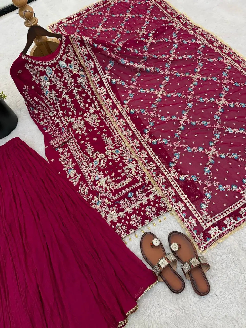 Luxury Faux Georgette Embroidered Palazzo Suit for Wedding and Festive Wear