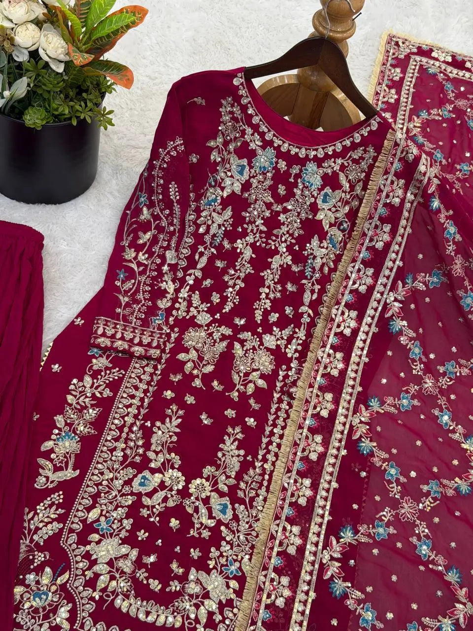 Luxury Faux Georgette Embroidered Palazzo Suit for Wedding and Festive Wear