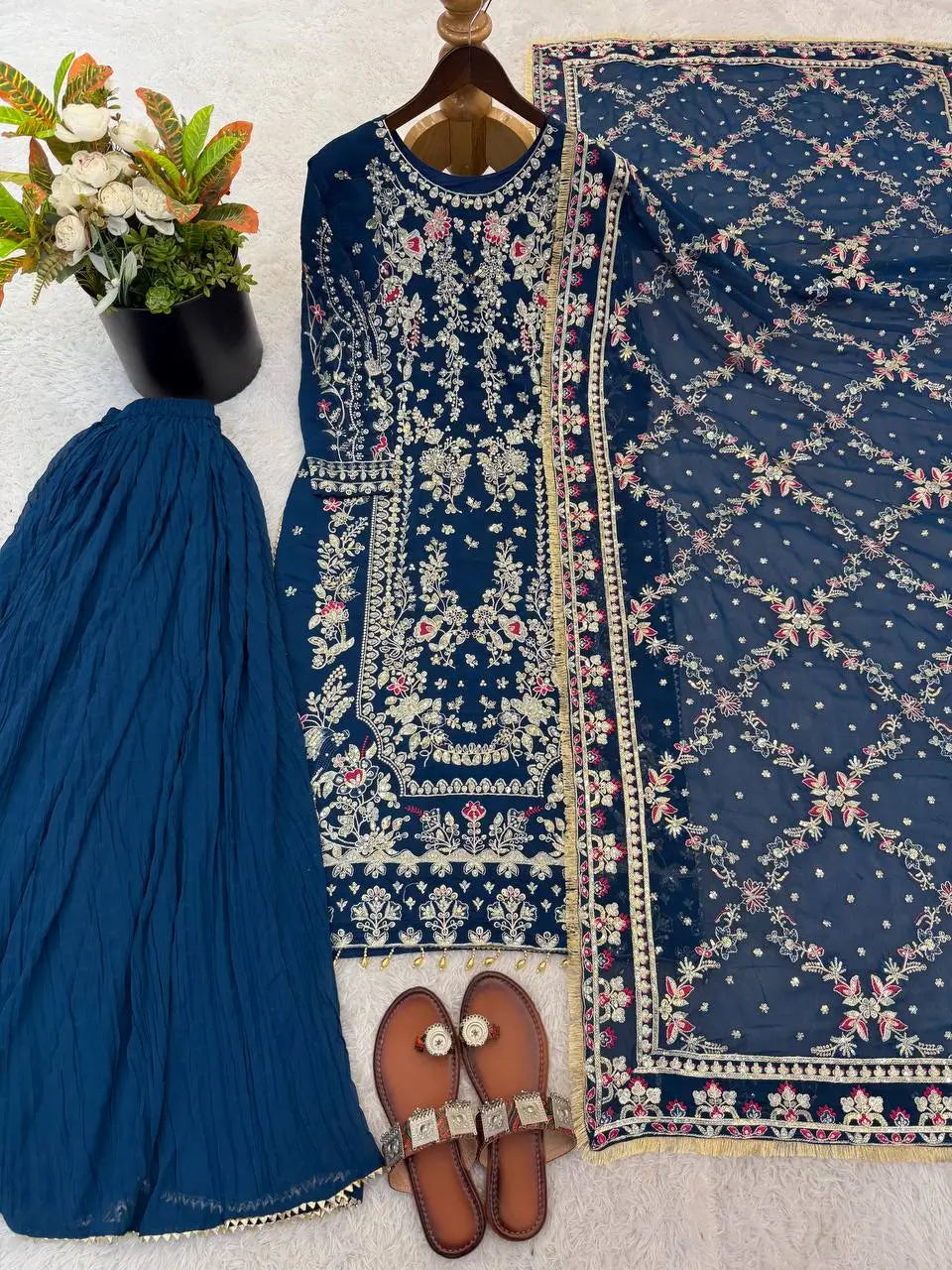 Luxury Faux Georgette Embroidered Palazzo Suit for Wedding and Festive Wear
